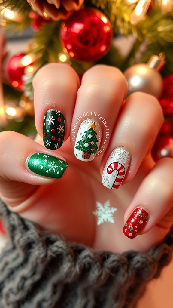 Easy Christmas Nail Art Tutorial A close-up of Christmas-themed nail art with snowflakes, trees, and candy canes in festive colors.